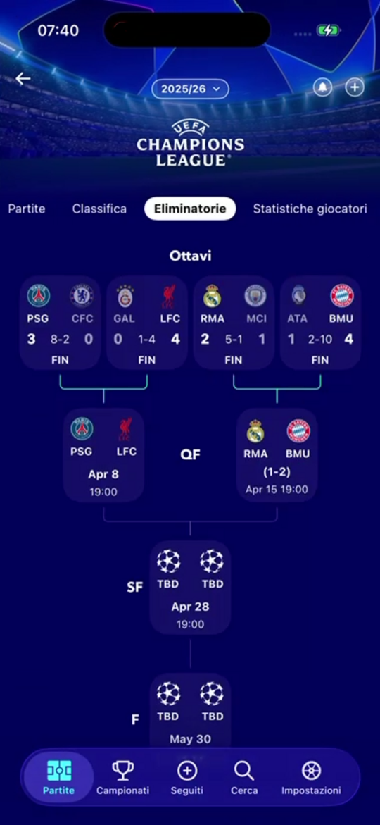 Una schermata interna dell’app di FollowScores