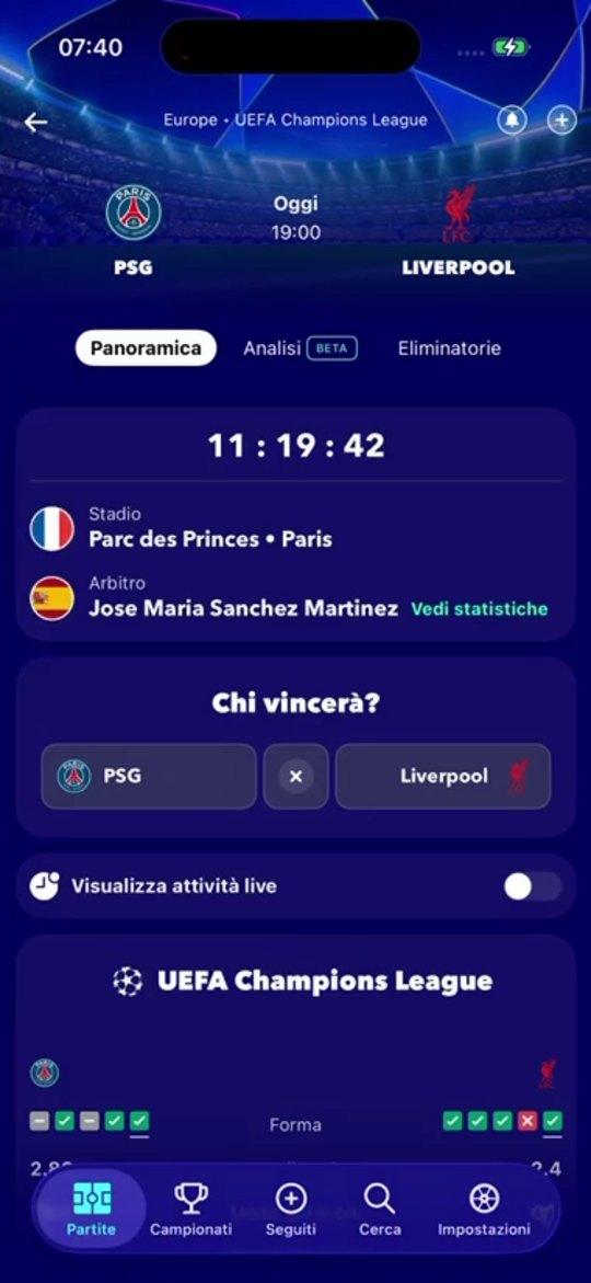 Una schermata interna dell’app di FollowScores