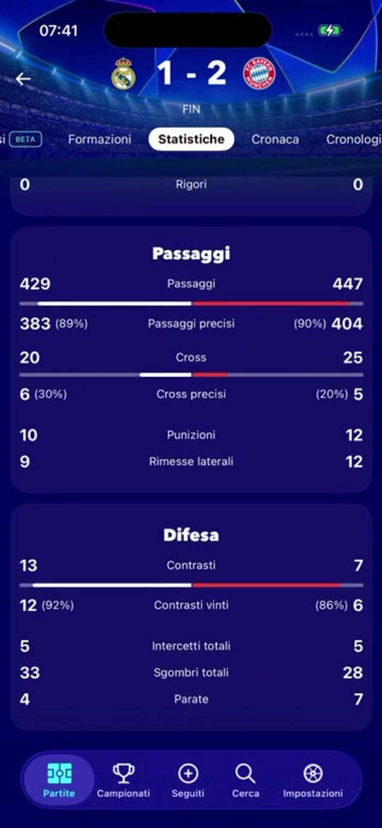 Un’altra schermata interna dell’app di FollowScores
