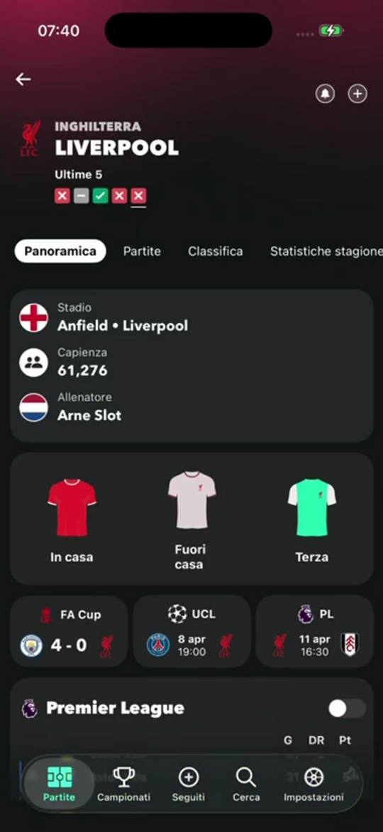 Una schermata interna dell’app di FollowScores